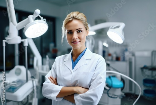 Portrait of young female dentist standing with arms crossed in clinic
