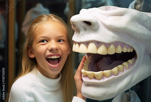 Cute happy smiling little girl showing mannequin model of teeth in front of her mouth