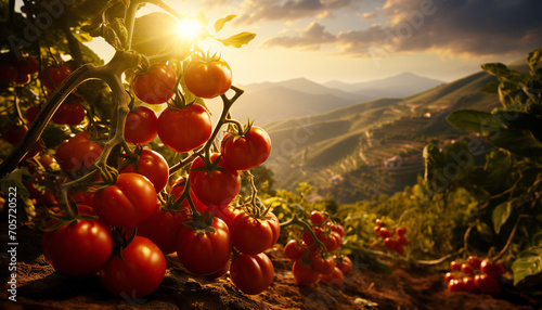 Recreation of tomatoes hanging in tomato plant at sunset photo