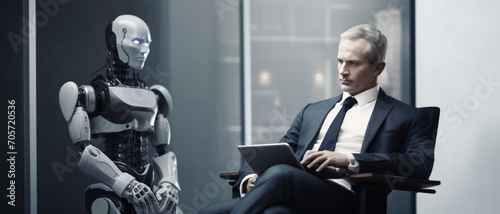 A businessman, an executive sits next to a robot on a grey background