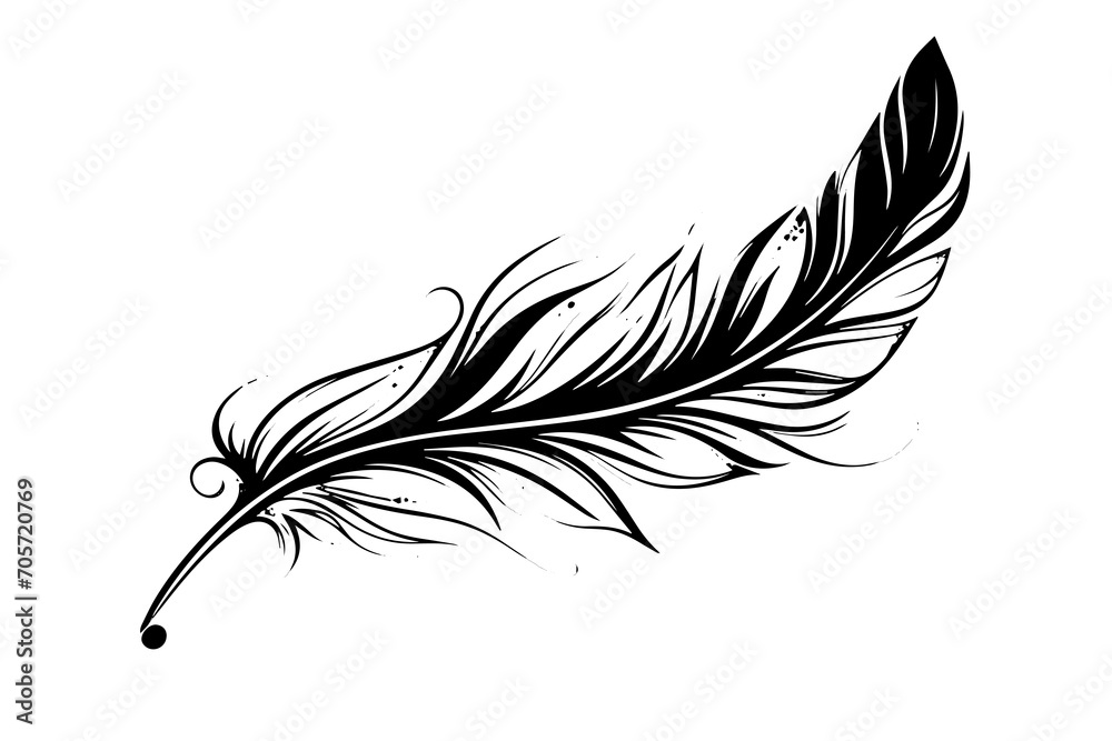 Feather engraved in sketch style isolated on white background. Vintage hand drawn ink sketch. - obrazy, fototapety, plakaty 