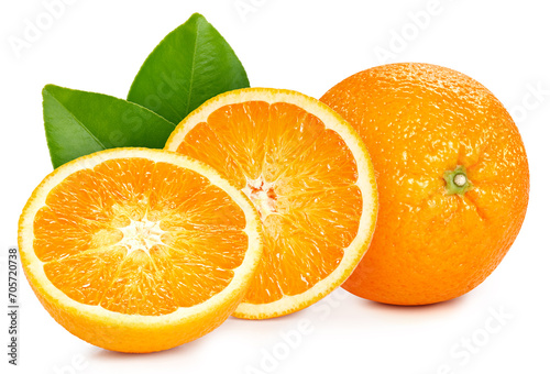 Fresh organic orange with leaves isolated on white background