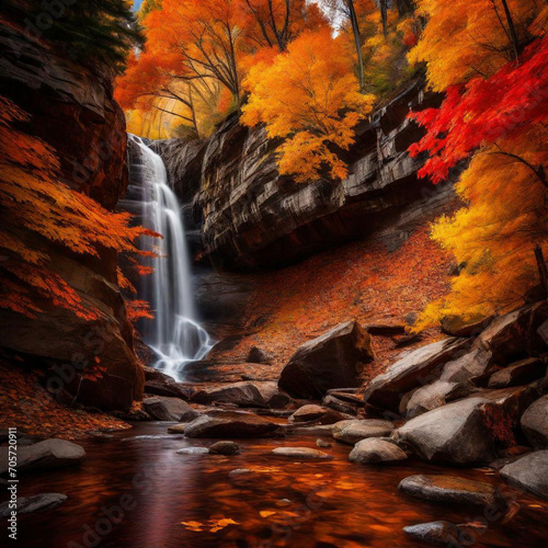 A majestic waterfall cascades down a rocky cliff, surrounded by vibrant autumn foliage in shades of red, orange, and gold. The water shimmers in the sunlight, creating a mesmerizing display of colors 