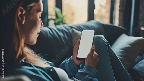 Happy young woman holding mobile smartphone with blank white screen background while resting on the sofa in living room at home. Watching movies on the phone photo
