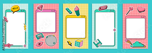 90s cute post templates collection. Social media stories and posts with retro groovy cartoon elements.