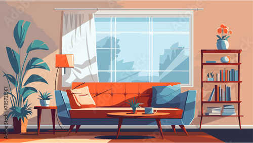 Cozy and modern living room interior flat design with minimal colors vector illustration. Design of a cozy room with orange sofa, books, bookshelf, window, plants and decor accessories.