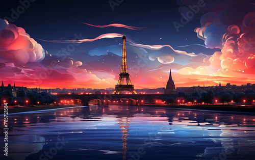 Smooth orange and red light Paris skyline and a tower landscape design