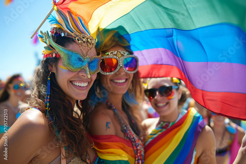 people smiling at pride parade with LGBT flags while Group of friends enjoying the LGBTQ Diversity and positive life generative ai
