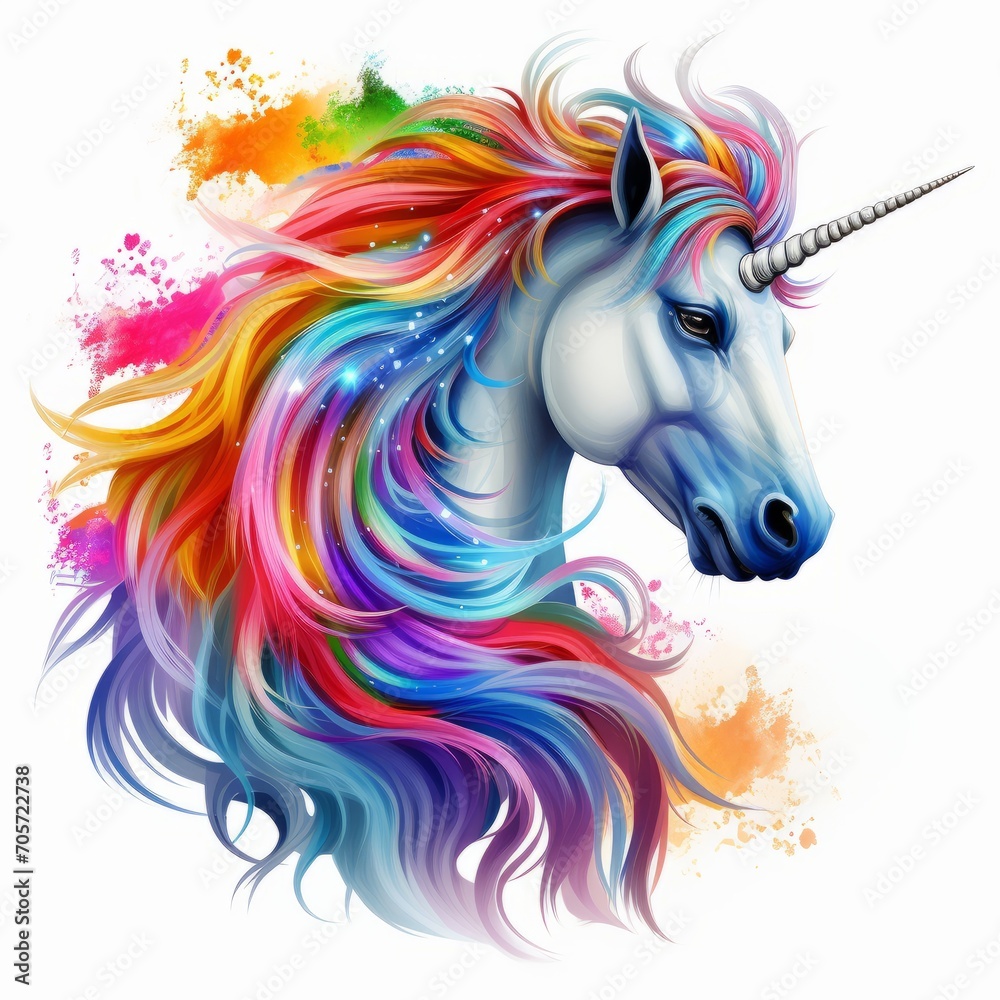 Fototapeta premium Beautiful rainbow unicorn isolated on a white background, Generative AI