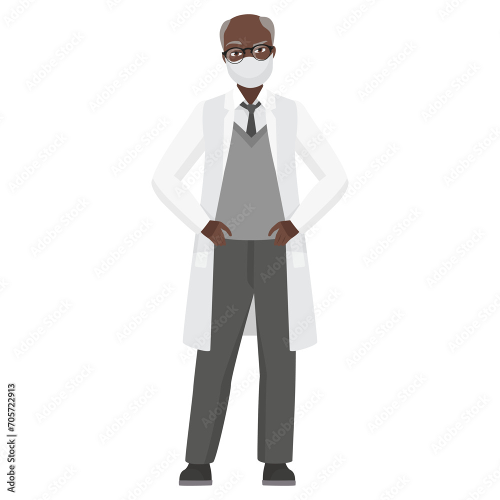 Doctor man with hands on hips. Hospital clinical worker in white coat cartoon vector illustration