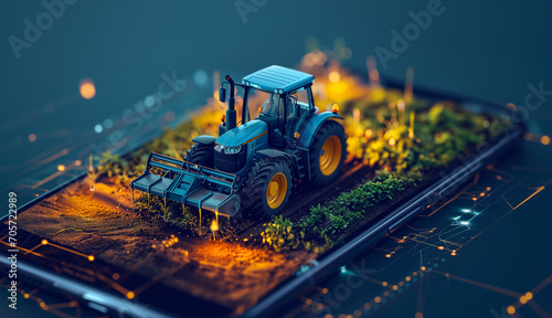 Smartphone farming app with tractor icon, for high-tech field control