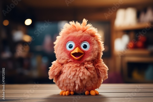 Cute Plush Toy Bird Standing on Wooden Table in Soft Indoor Lighting © AndErsoN
