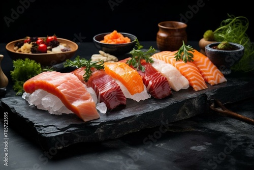 Delicious seafood sushi and sashimi spread on a stone plate. Generative AI