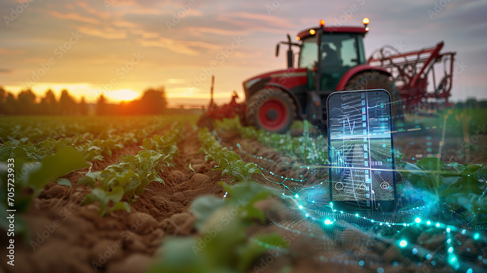 Fototapeta premium Mobile tech in farming: Tractor guided by smartphone application