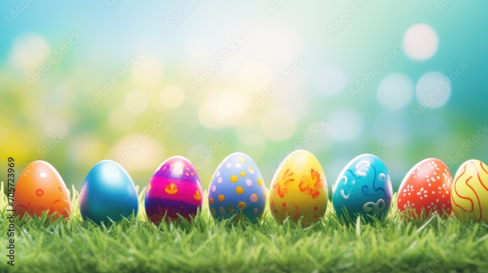 Happy Easter background with realistic Easter eggs i grass.