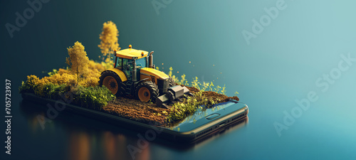 Remote agricultural tech depicted with tractor on a smartphone display © Emiliia