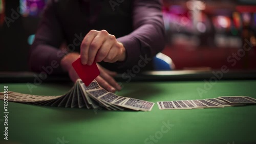 Close Up On Hands Of Professional Poker Dealer Ribbon Spreading Playing Cards Before High Stakes Game In Luxurious Casino. Anonymous Croupier Flipping Deck Before Competitive Tournament With Big Bets