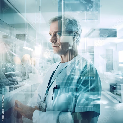 Double exposure of smart doctor working with operating room 