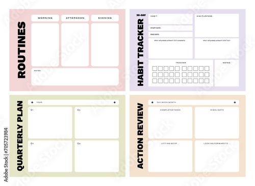 Set of printable vector reflection  habit  intention  routines  quarterly plan  manifestation planner template for journaling
