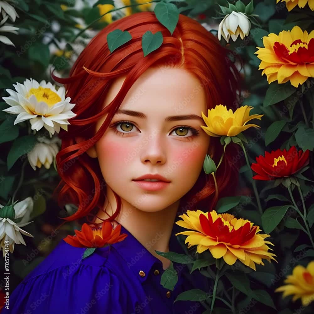 Red Haired Girl with Red Flowers Red Haired Girl with Red Flowers
