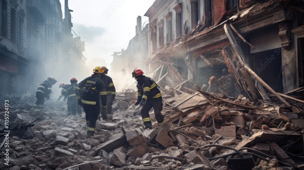 Rescue team is searching for victims through post disaster building ruins. AI generated image Rescue team is searching for victims through post disaster building ruins. AI generated image