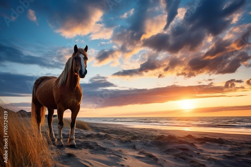 A brown horse standing on top of a sandy beach under a cloudy blue and orange sky with a sunset