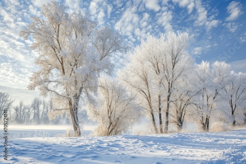 Trees covered with hoarfrost. Beautiful winter landscape with snow covered trees