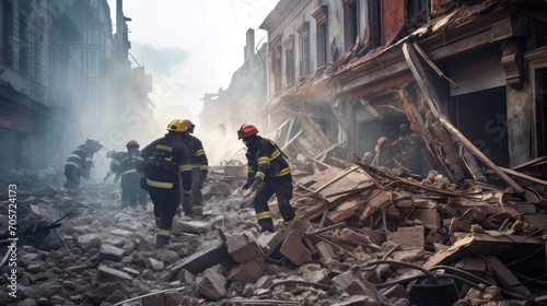Rescue team is searching for victims through post disaster building ruins. AI generated image photo