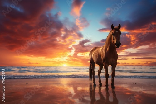 A brown horse standing on top of a sandy beach under a cloudy blue and orange sky with a sunset © JAYDESIGNZ