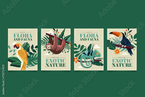 Flat exotic flora and fauna cards collection with wild animals and tropical plants photo