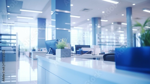 Dynamic Corporate Culture in a Modern Business Hall: Blurred Office Background with Busy Businesspeople Collaborating in a Contemporary Workspace