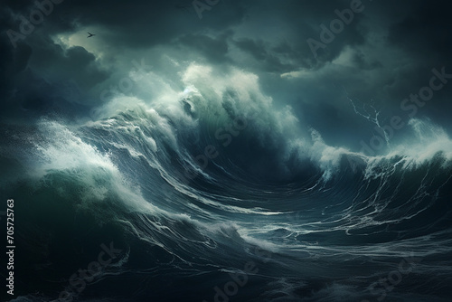 Spectacular background image of stormy ocean with rough and danger wave. Dark sky and cloudy. Digital art 3D illustration © Robin