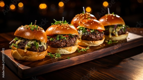 Gourmet Burgers on Wooden Tray