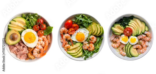 Rich plates of salad from green leaves mix and vegetables with avocado or eggs, chicken and shrimps isolated on transparent background 