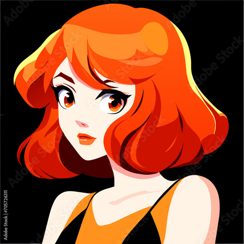 Portrait of a beautiful sweet redheaded girl with a bob and big eyes. Fragile shoulders are visible under the T-shirt.