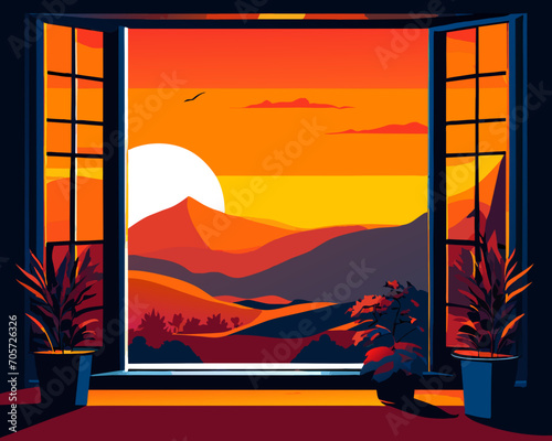 The African summer landscape is visible from the window of the stylish hotel. The forests against the mountains are illuminated by the sunset. Vector illustration.