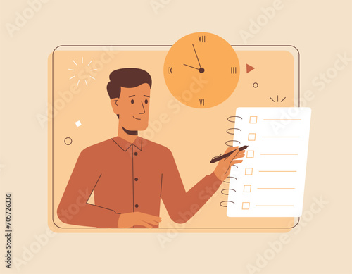 Time management concept design with a young businessman. Task planning, work organization vector illustration.