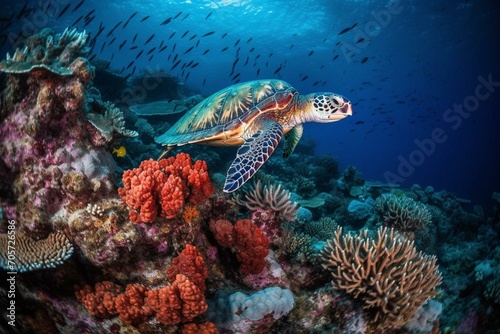 a beautiful sea turtle swimming among colorful fish in a vibrant coral reef  displaying the interconnectedness of marine life. Generative AI