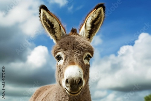 Cute young donkey against a plain backdrop. Generative AI