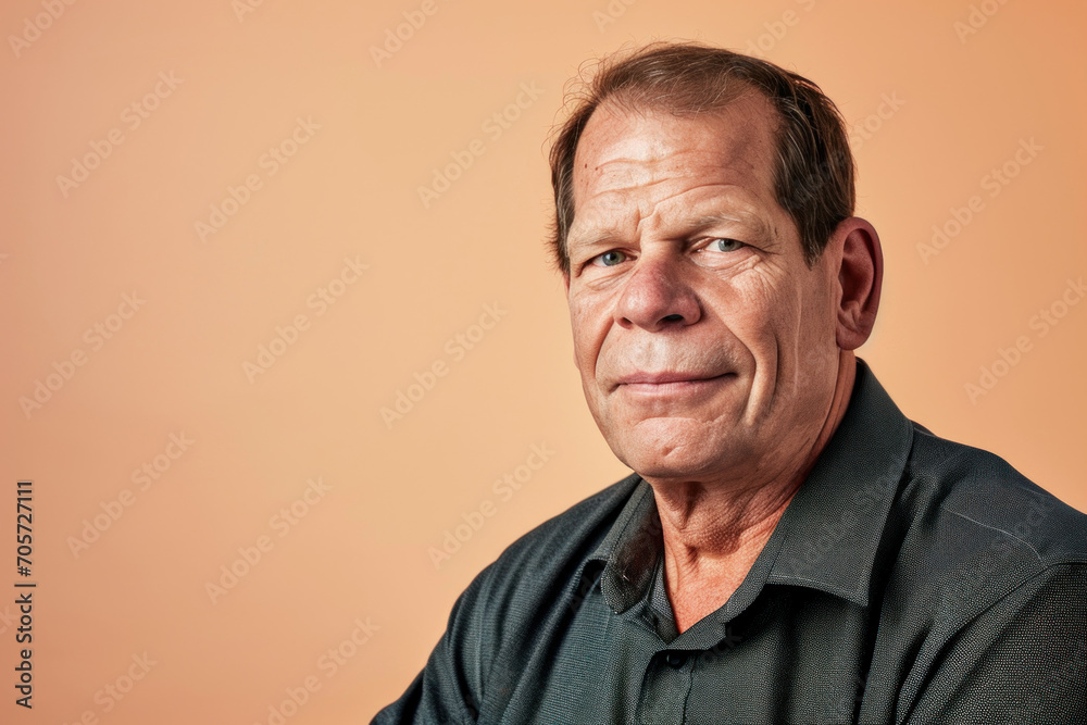 portrait studio sur fond orangé d'une homme de 50ans