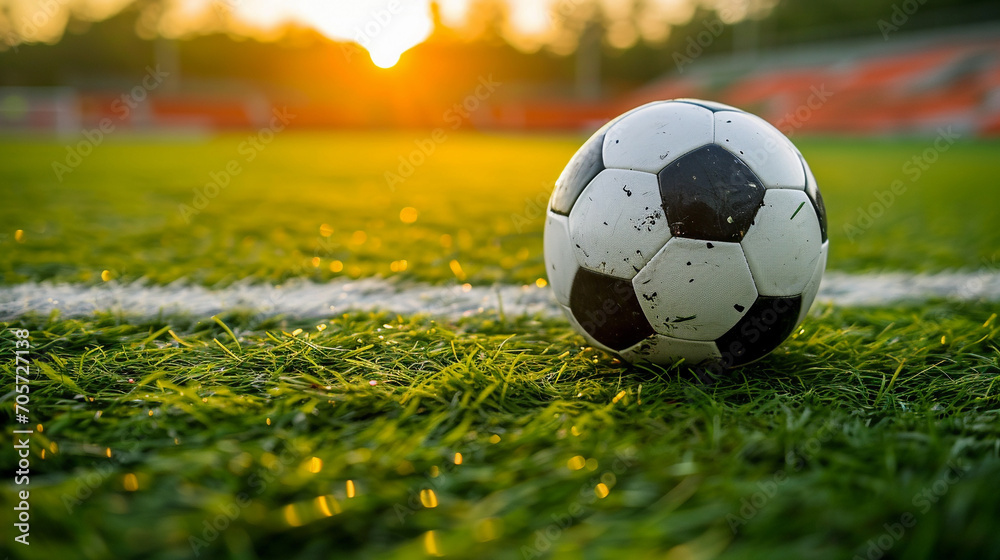Fototapeta premium Soccer ball on the playing field, beautiful lighting.
