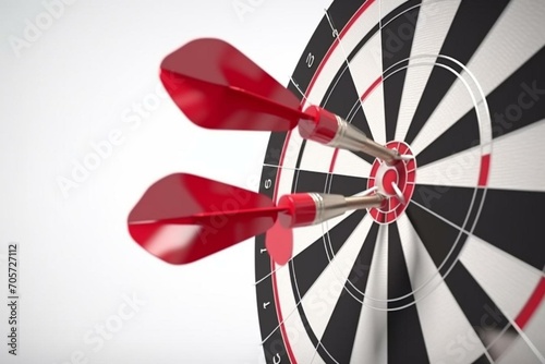 Three darts hitting a red target on white background. 3D illustration. Generative AI