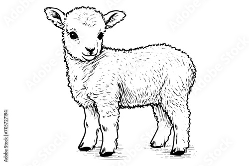 Cute sheep lamb hand drawn ink sketch. Engraved style vector illustration. photo