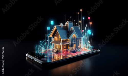 Concept of smart home technology. Electronic wireless app. Screen of a smartphone displays a miniature model of a small house. The use of smart home control. Innovation technology internet Network.
