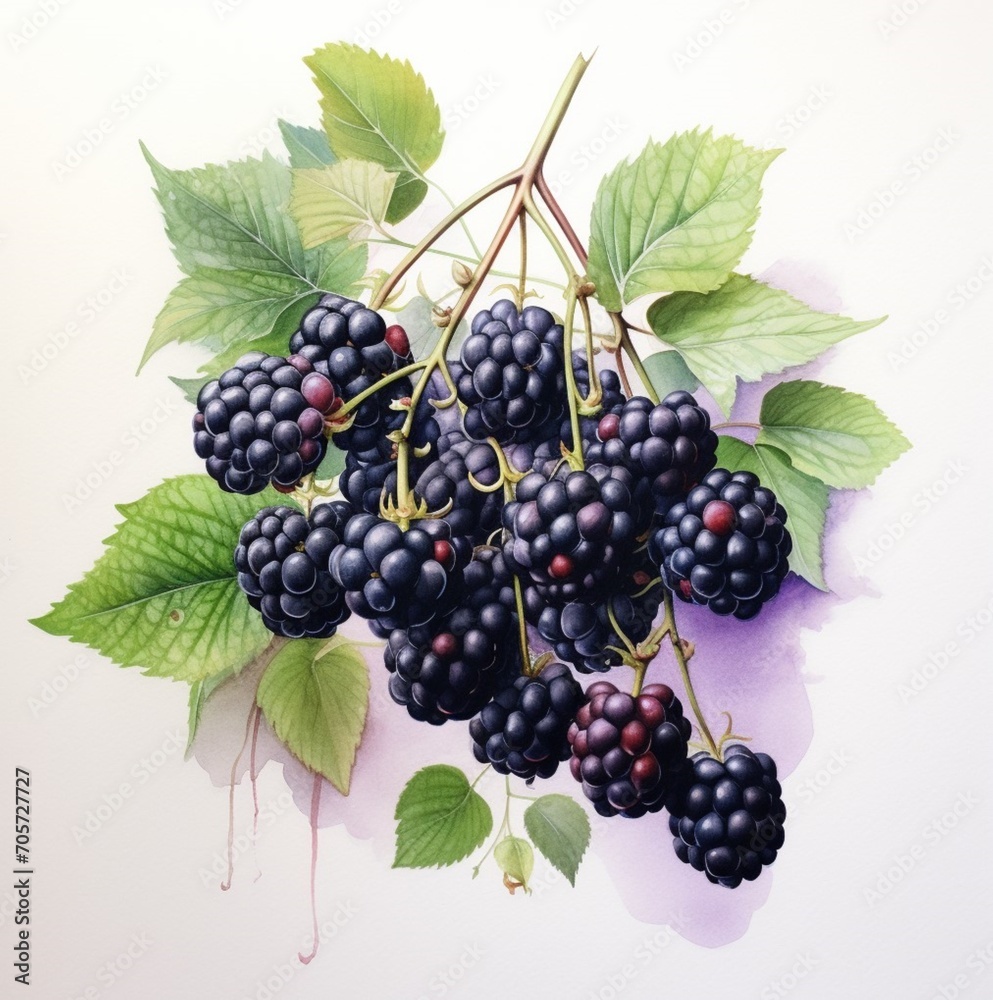 Watercolor blackberry branch Watercolor blackberry branch