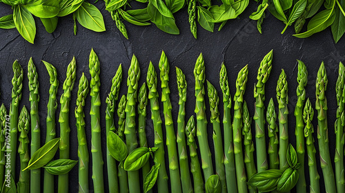 Cibo vegetale  ordinato in fila, asparagi primaverili in fila ordinata su sfondo neutro  photo