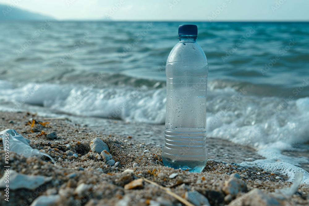 A plastic bottle on the coastline, pollution in the environment,Contaminated sea A plastic bottle on the coastline, pollution in the environment,Contaminated sea
