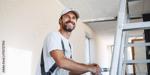 Portrait of a smiling male repairman in a white cap in uniform standing on a stepladder in a house undergoing renovation. Construction and renovation concept