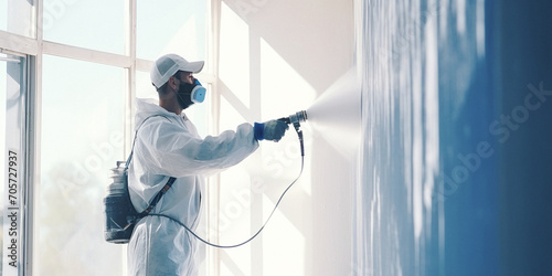 A builder in a protective suit and a respirator spray paints the walls. A male worker paints the walls in a new house with white spray paint. Construction and renovation concept photo