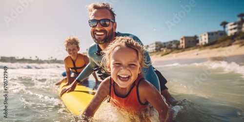 Happy families riding the waves, enjoying collective surfing lessons during a seaside holiday , concept of Community bonding